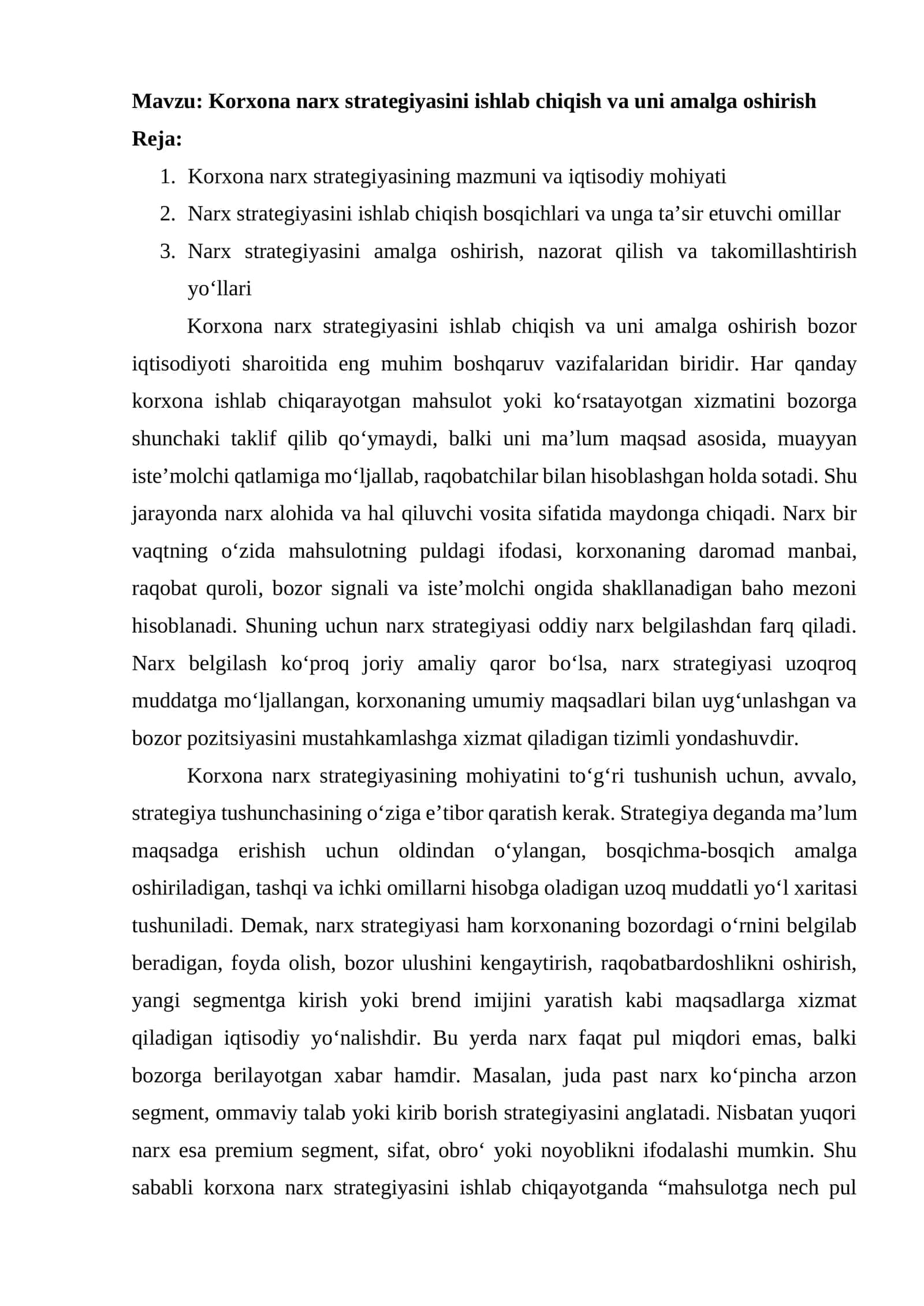 Korxona narx strategiyasini ishlab chiqish va uni amalga oshirish