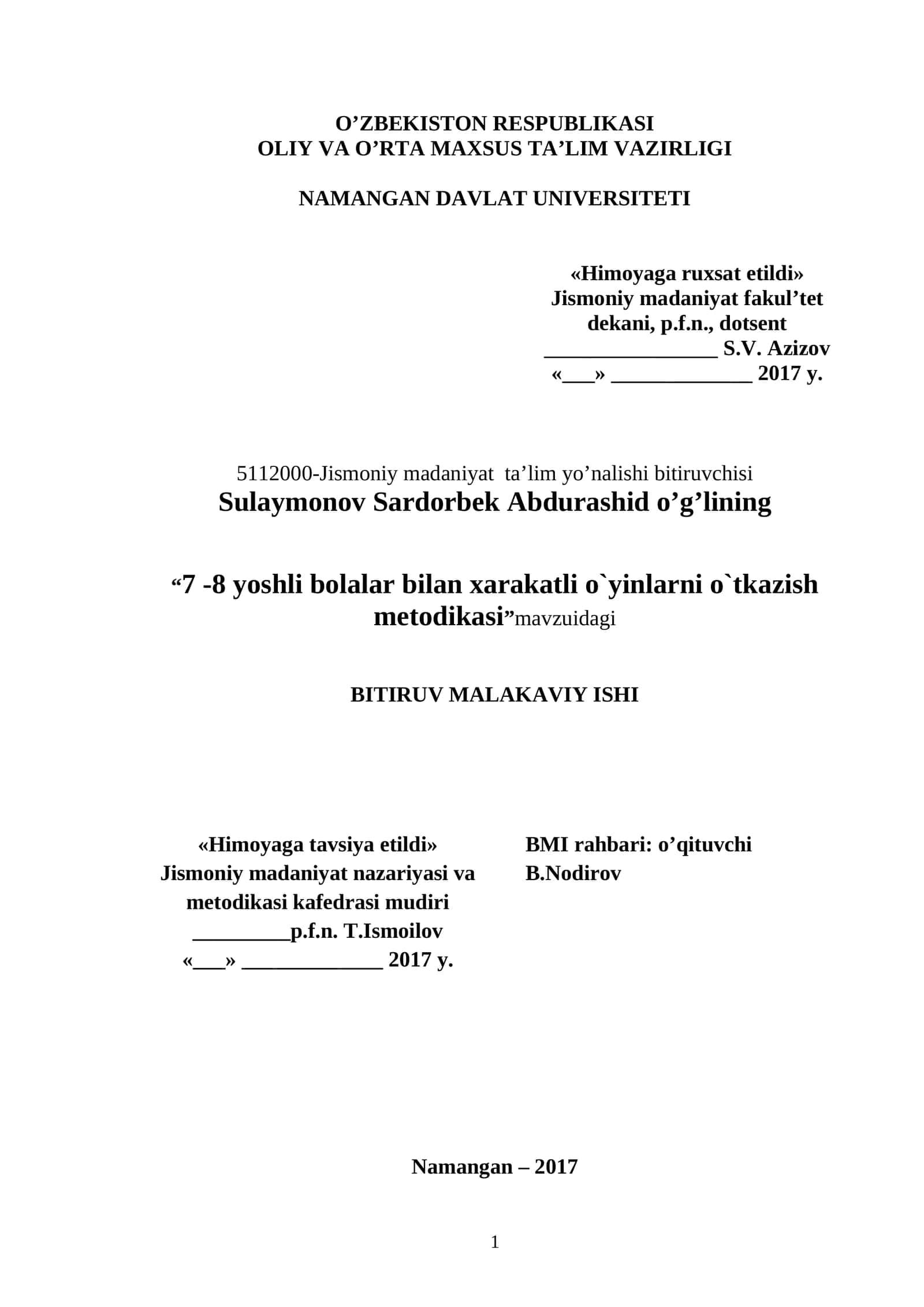 Xarakatli o`yinlarni o`tkazish metodikasi malakaviy ishi