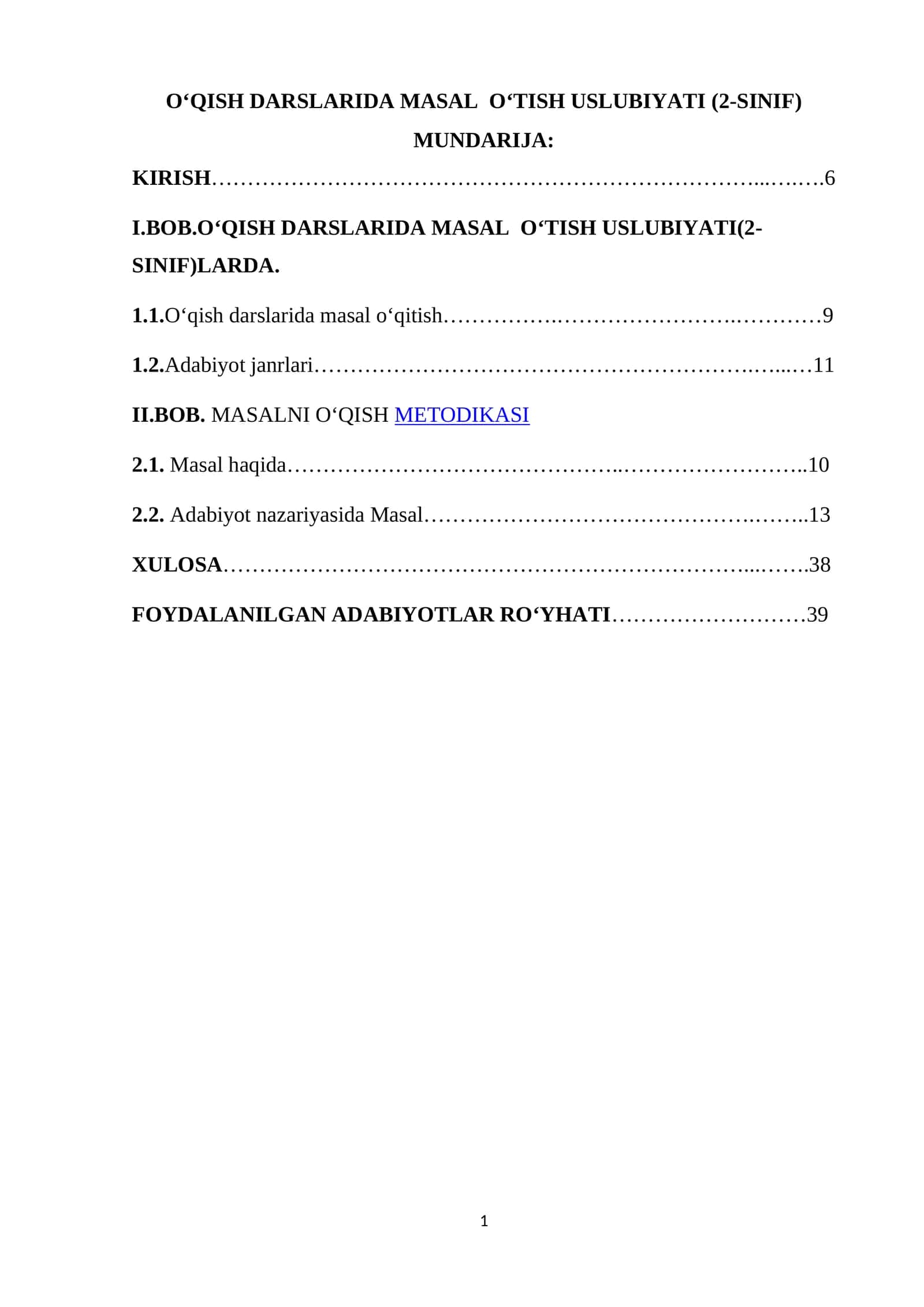 O‘QISH DARSLARIDA MASAL O‘TISH USLUBIYATI (2-SINIF)