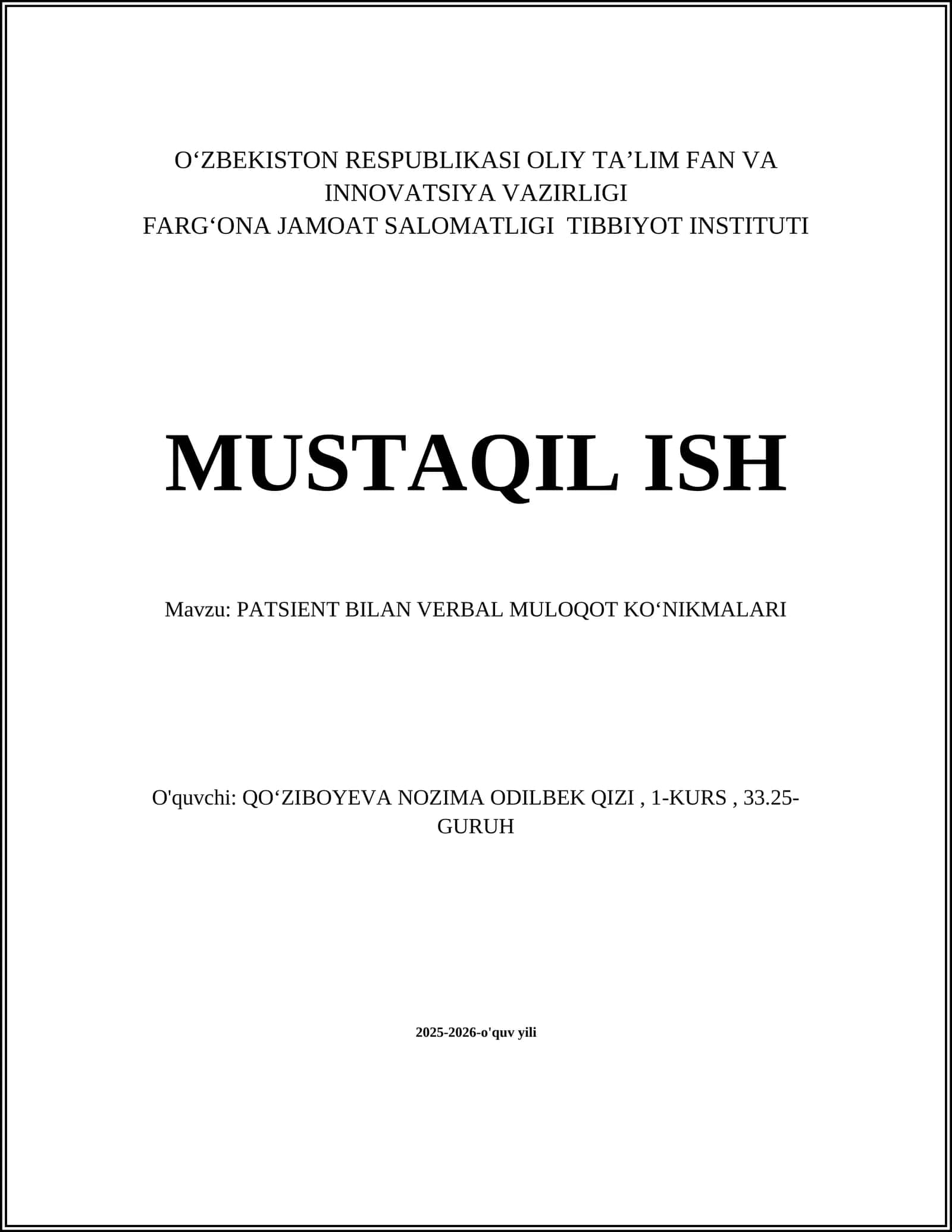 PATSIENT BILAN VERBAL MULOQOT KOʻNIKMALARI