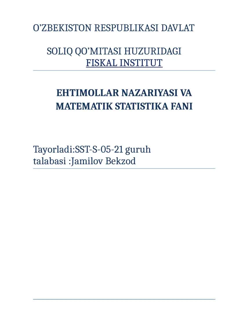 Ehtimollar Nazariyasi va Matematik Statistika Fani