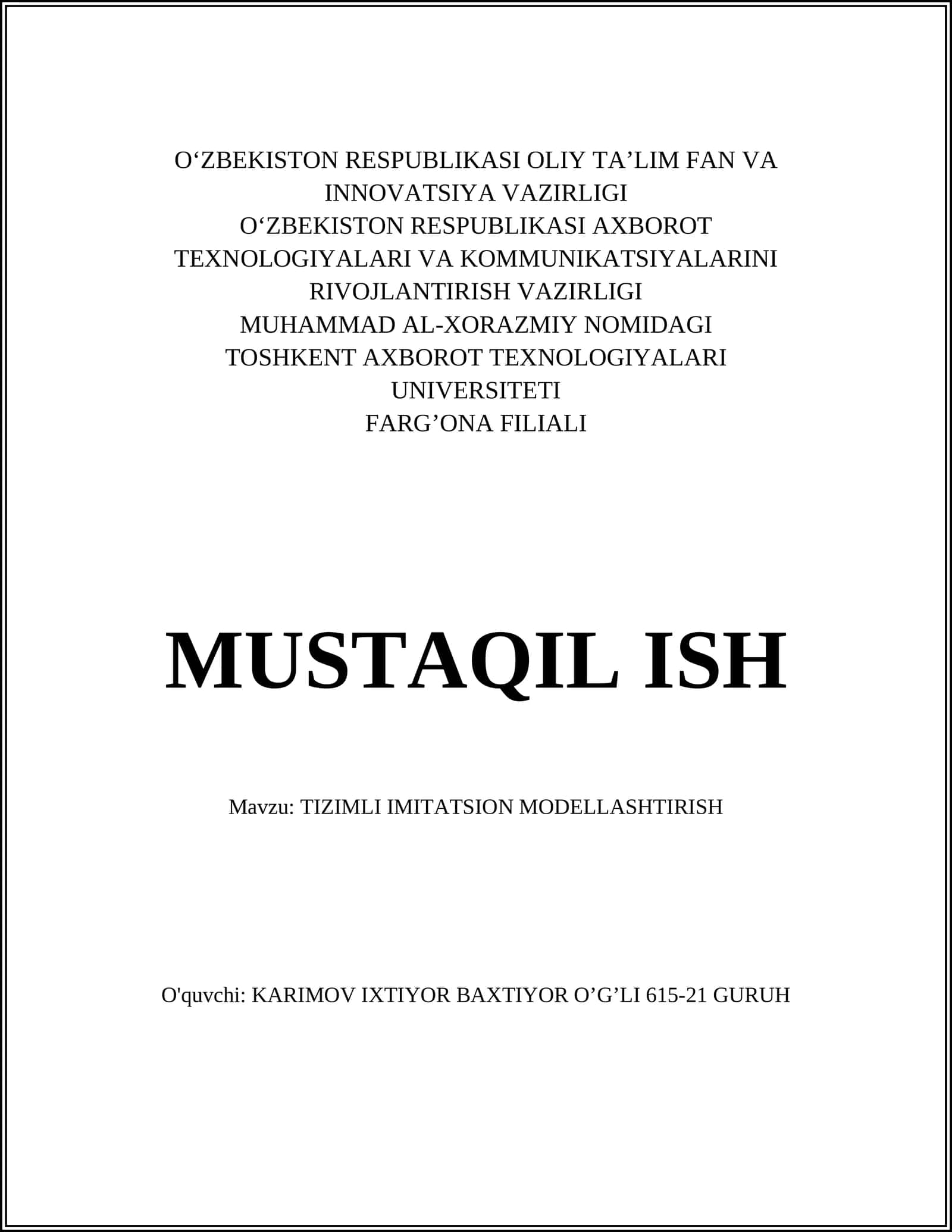TIZIMLI IMITATSION MODELLASHTIRISH
