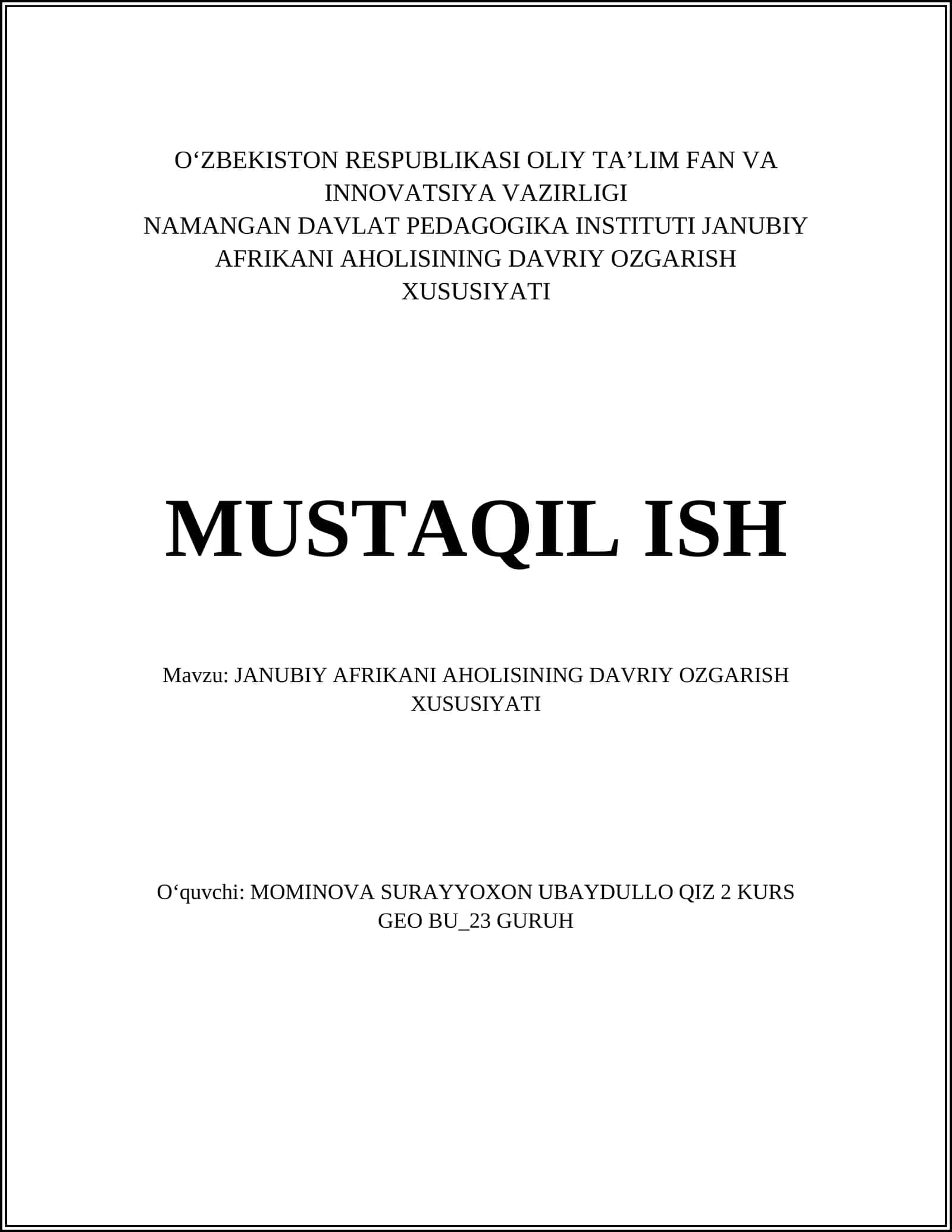 JANUBIY AFRIKANI AHOLISINING DAVRIY OZGARISH XUSUSIYATI