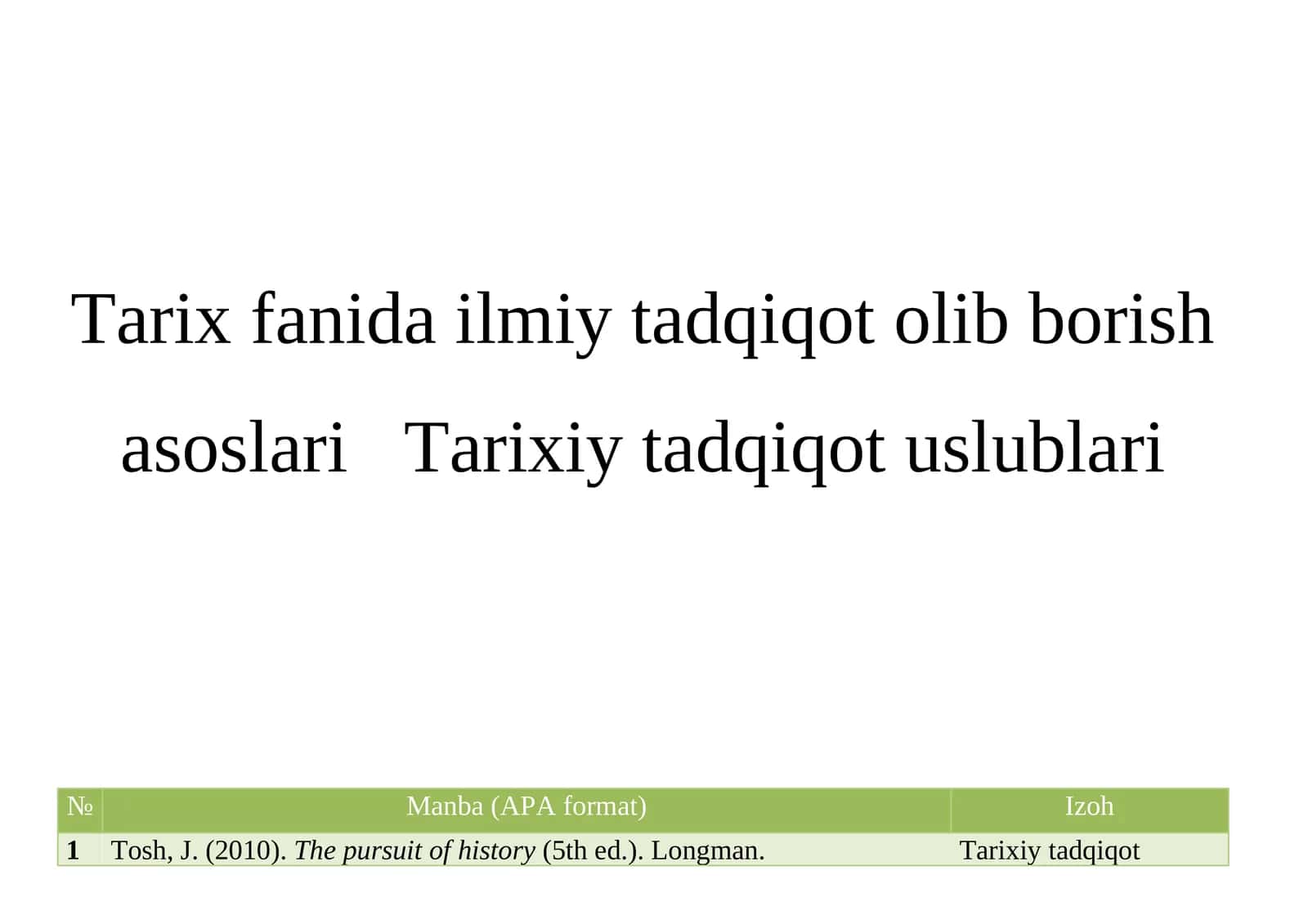 Tarix fanida ilmiy tadqiqot olib borish asoslari Tarixiy tadqiqot uslublari bibliografiya.
