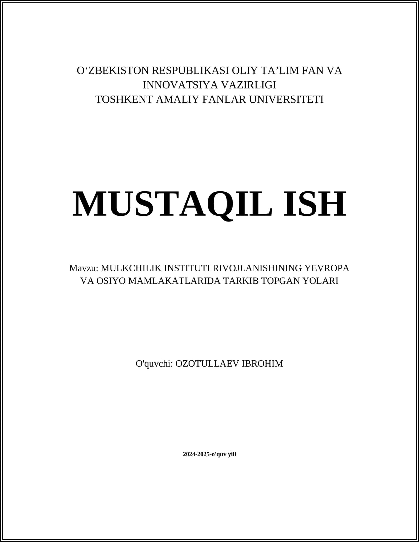 Mulkchilik Instituti Rivojlanishining Yevropa va Osiyo Mamlakatlarda Tarkib Topgan Yolari