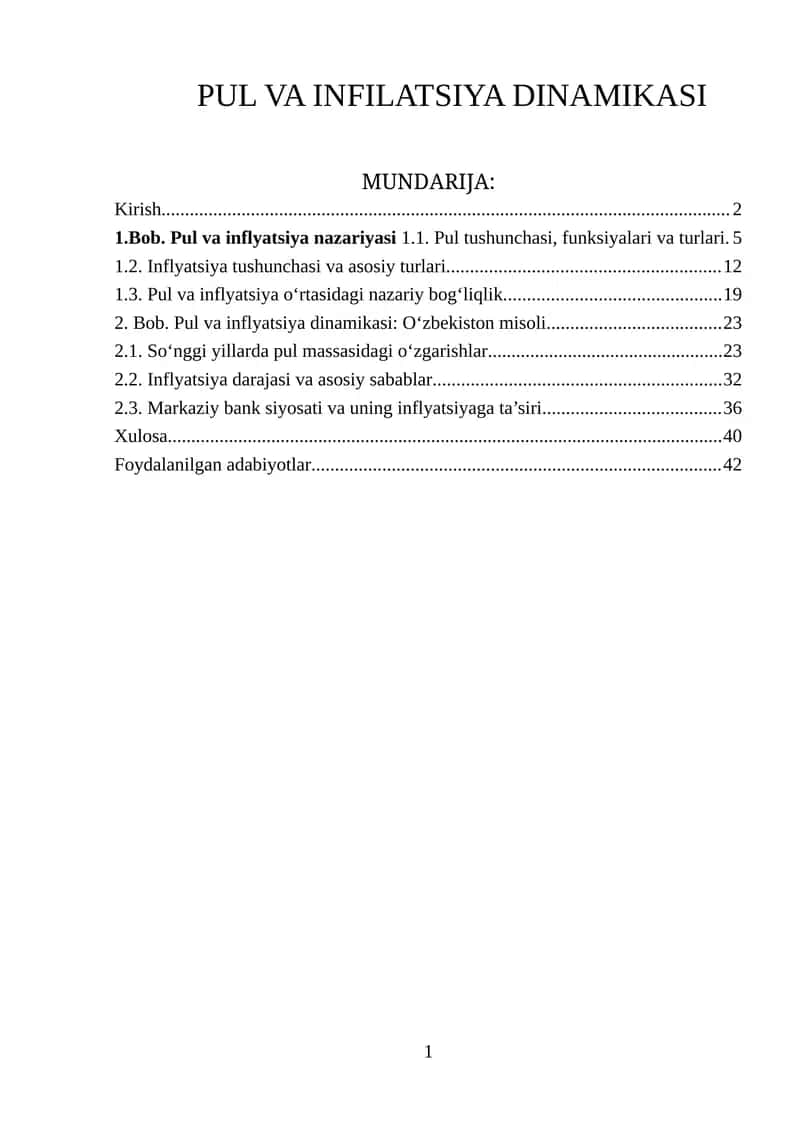 Pul va infilyatsiya dinamikasi