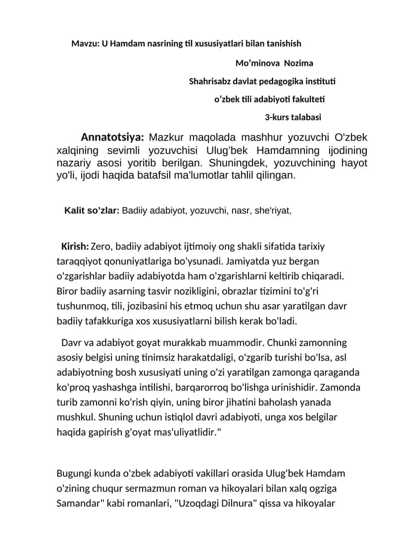 U Hamdam nasrining til xususiyatlari bilan tanishish