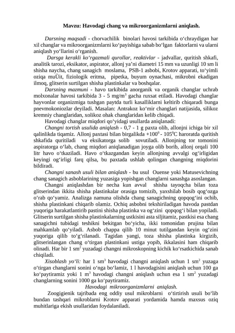 Havodagi chang va mikroorganizmlarni aniqlash