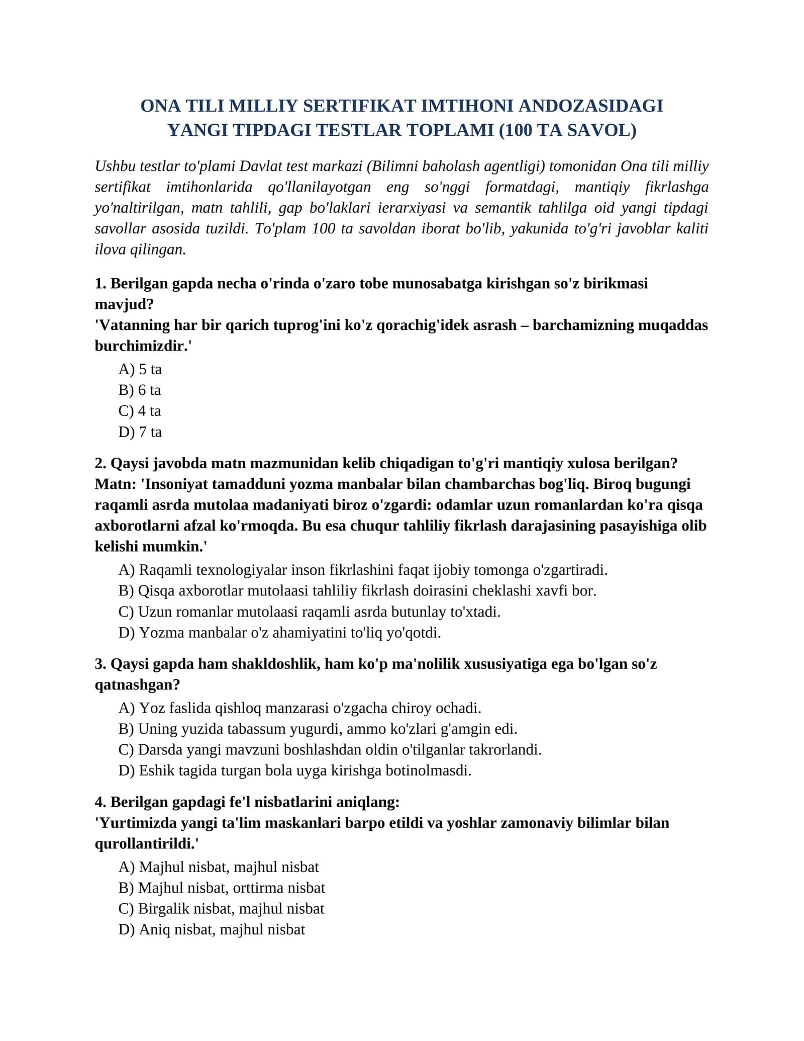 ONA TILI MILLIY SERTIFIKAT IMTIHONI ANDOZASIDAGI YANGI TIPDAGI TESTLAR TOPLAMI (100 TA SAVOL)