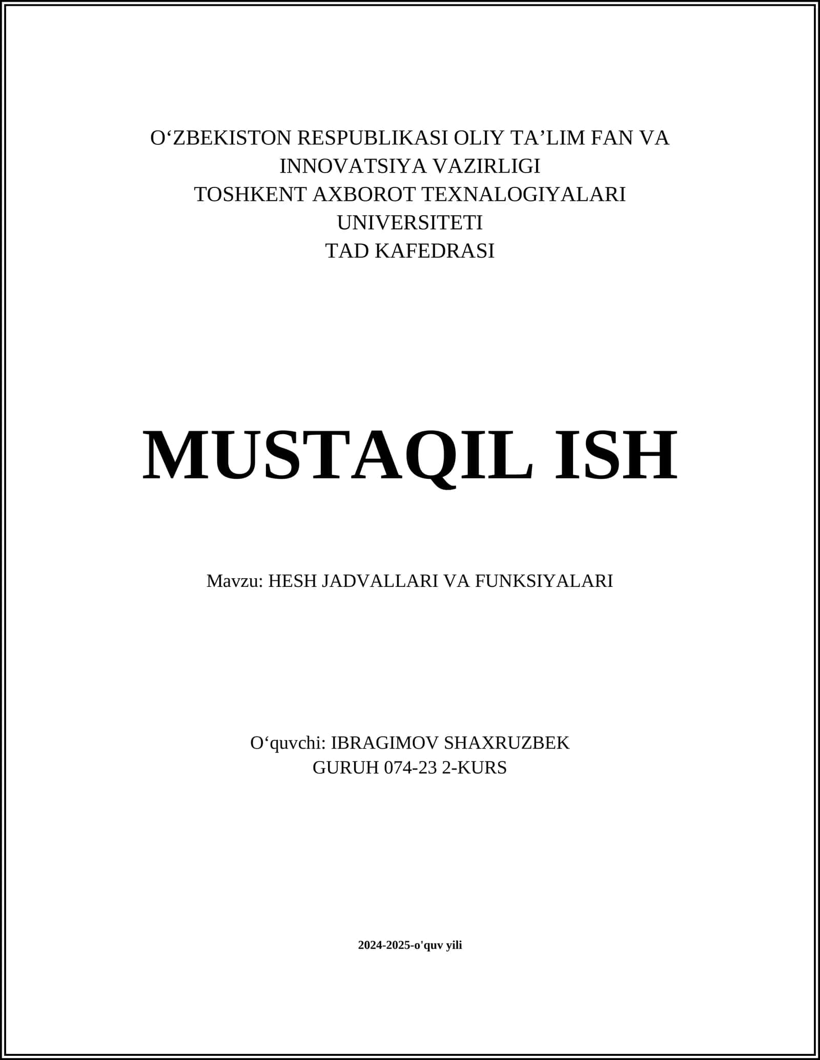 HESH JADVALLARI VA FUNKSIYALARI
