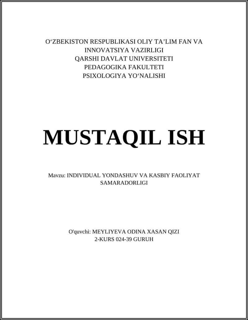 INDIVIDUAL YONDASHUV VA KASBIY FAOLIYAT SAMARADORLIGI