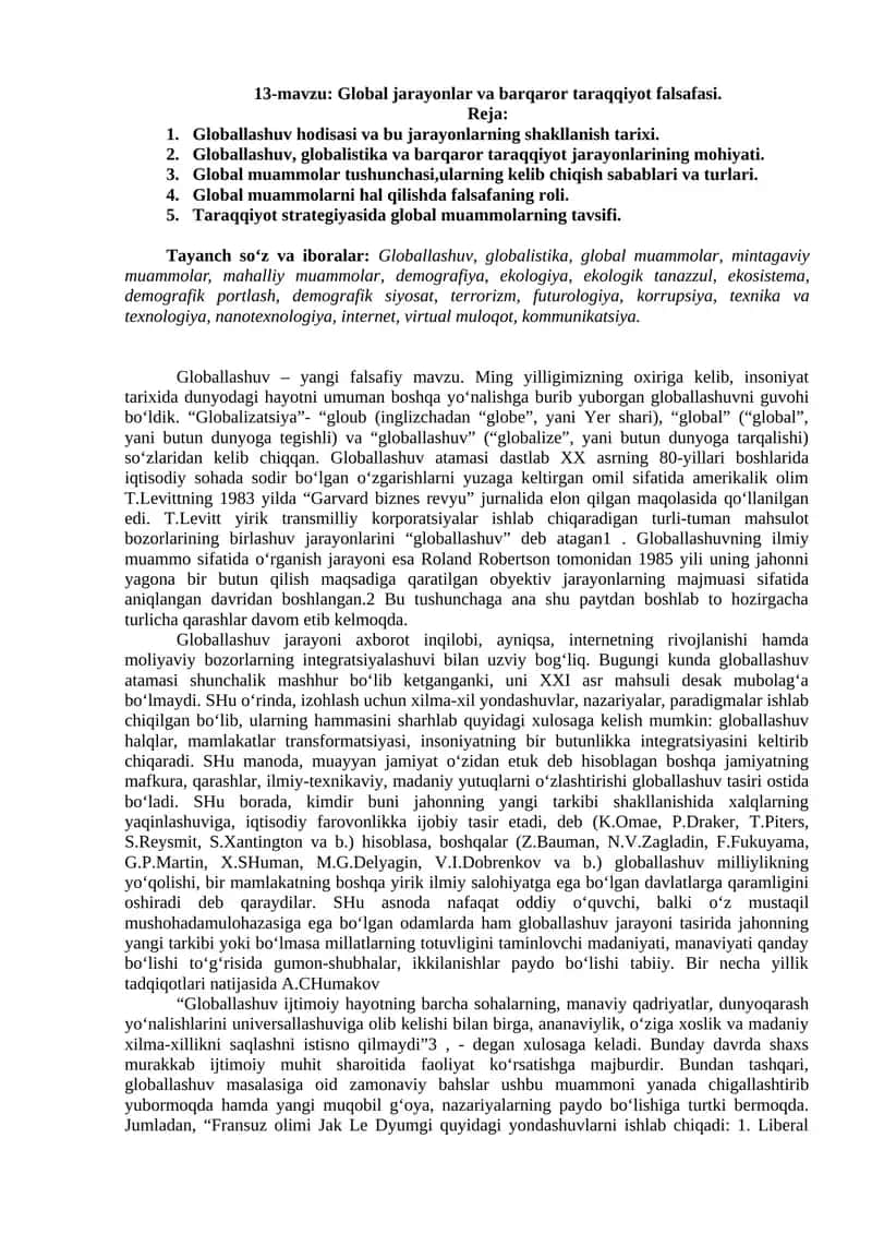 Global jarayonlar va barqaror taraqqiyot falsafasi
