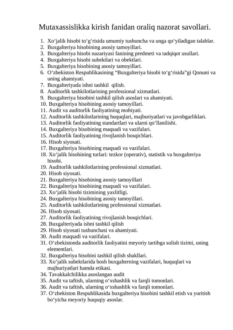 Mutaxassislikka kirish fanidan oraliq nazorat savollari