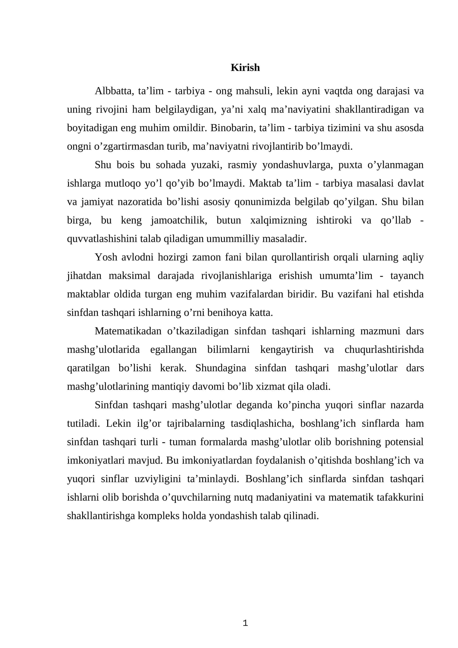 Matematikadan o’tkaziladigan sinfdan tashqari ishlarning mazmuni
