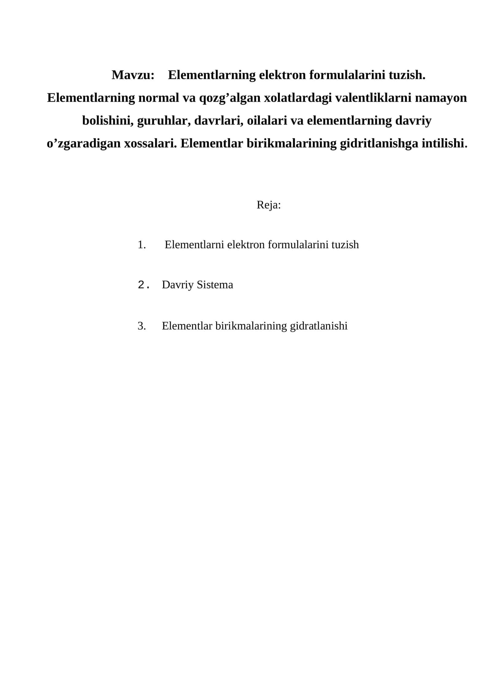 Elementlarning elektron formulalarini tuzish