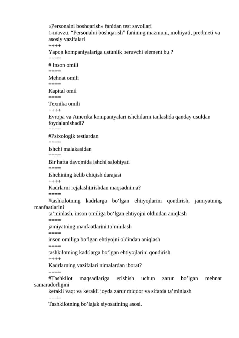 Personalni boshqarish fanidan test savollari
