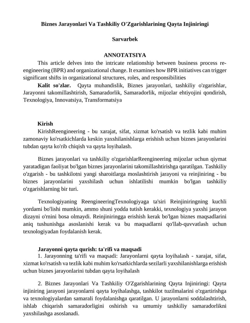 Biznes Jarayonlari Va Tashkiliy O'Zgarishlarining Qayta Injiniringi