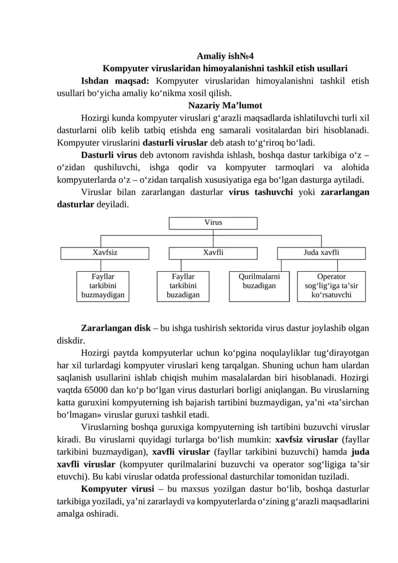 Kompyuter viruslaridan himoyalanishni tashkil etish usullari