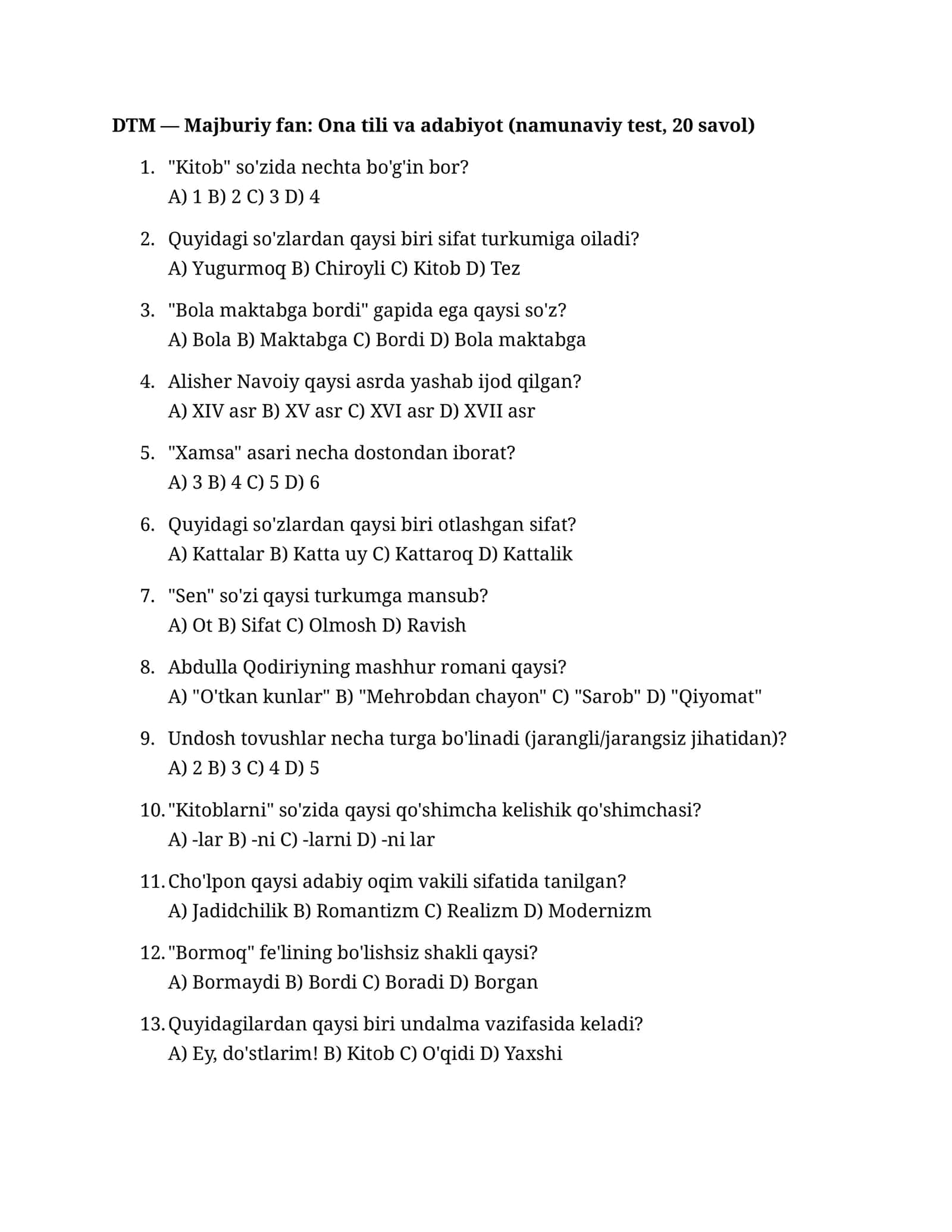 Majburiy fan: Ona tili va adabiyot (namunaviy test, 20 savol)
