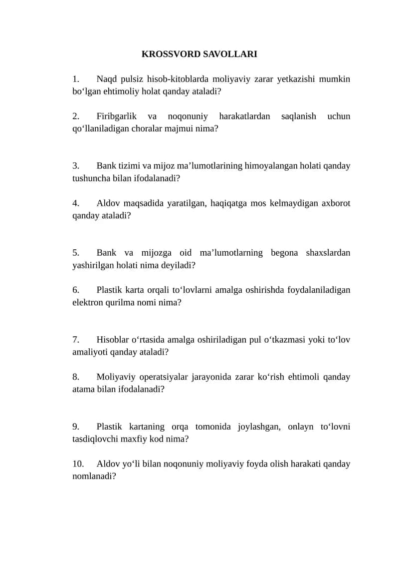 KROSSVORD SAVOLLARI