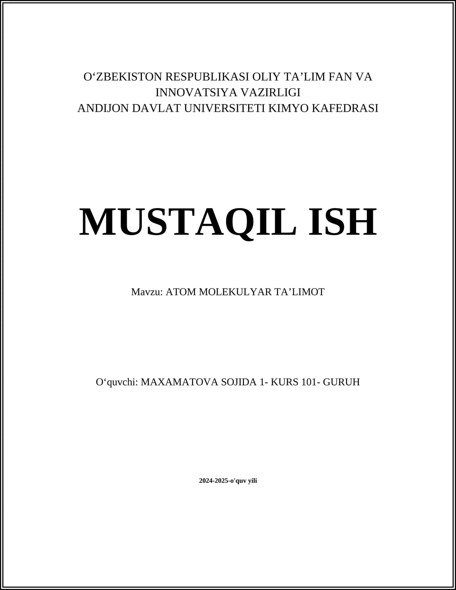 ATOM MOLEKULYAR TAʼLIMOT