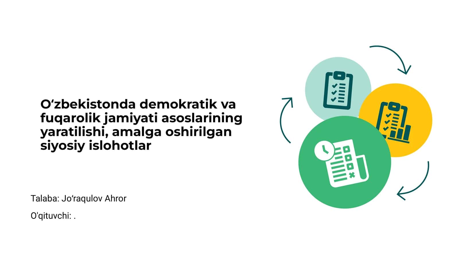 Oʻzbekistonda demokratik va fuqarolik jamiyati asoslarining yaratilishi, amalga oshirilgan siyosiy islohotlar