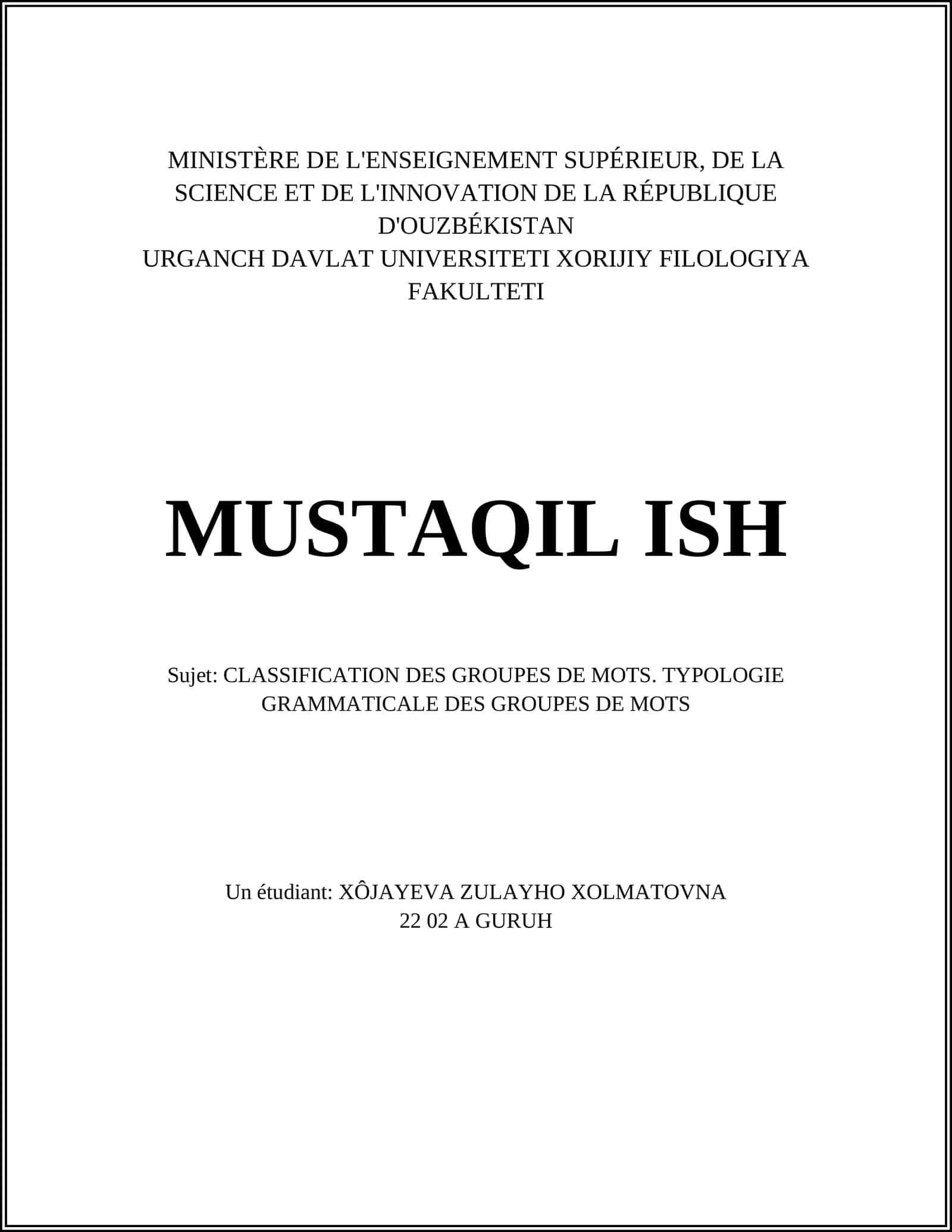 CLASSIFICATION DES GROUPES DE MOTS. TYPOLOGIE GRAMMATICALE DES GROUPES DE MOTS
