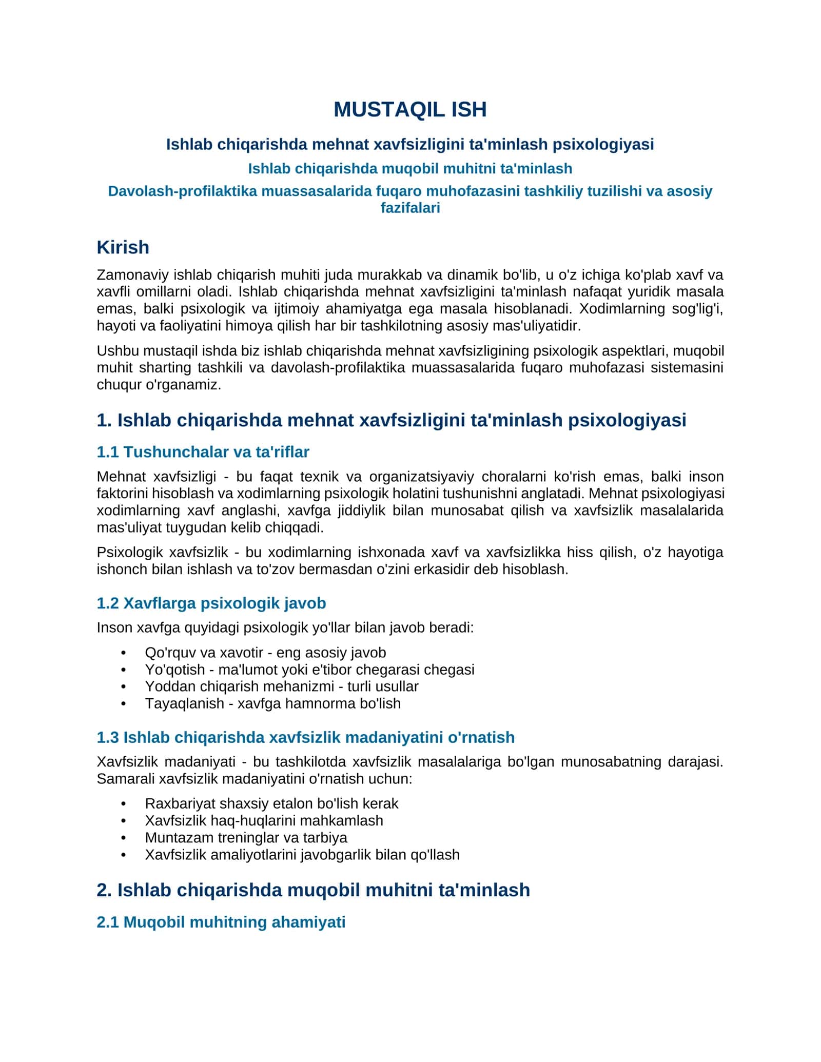 Ishlab chiqarishda mehnat xavfsizligini ta'minlash psixologiyasi