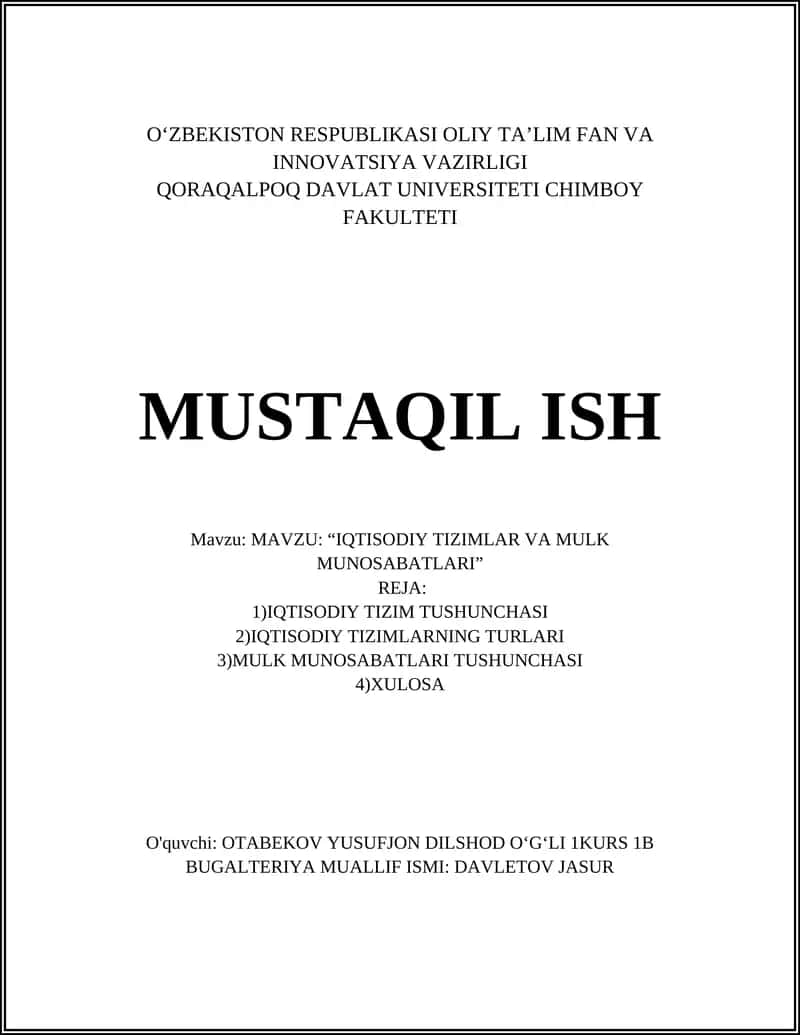 IQTISODIY TIZIMLAR VA MULK MUNOSABATLARI