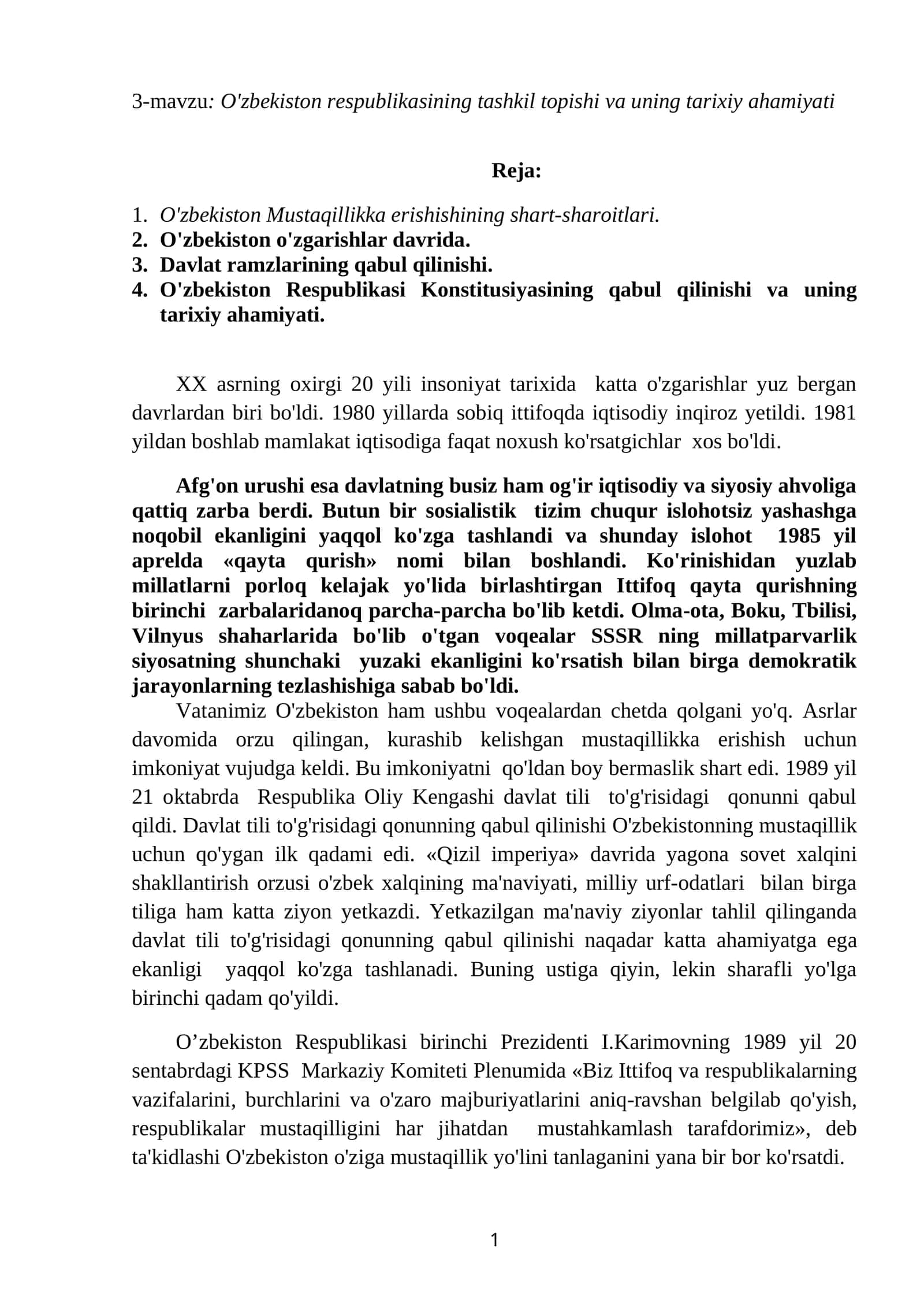 O'zbekiston respublikasining tashkil topishi va uning tarixiy ahamiyati