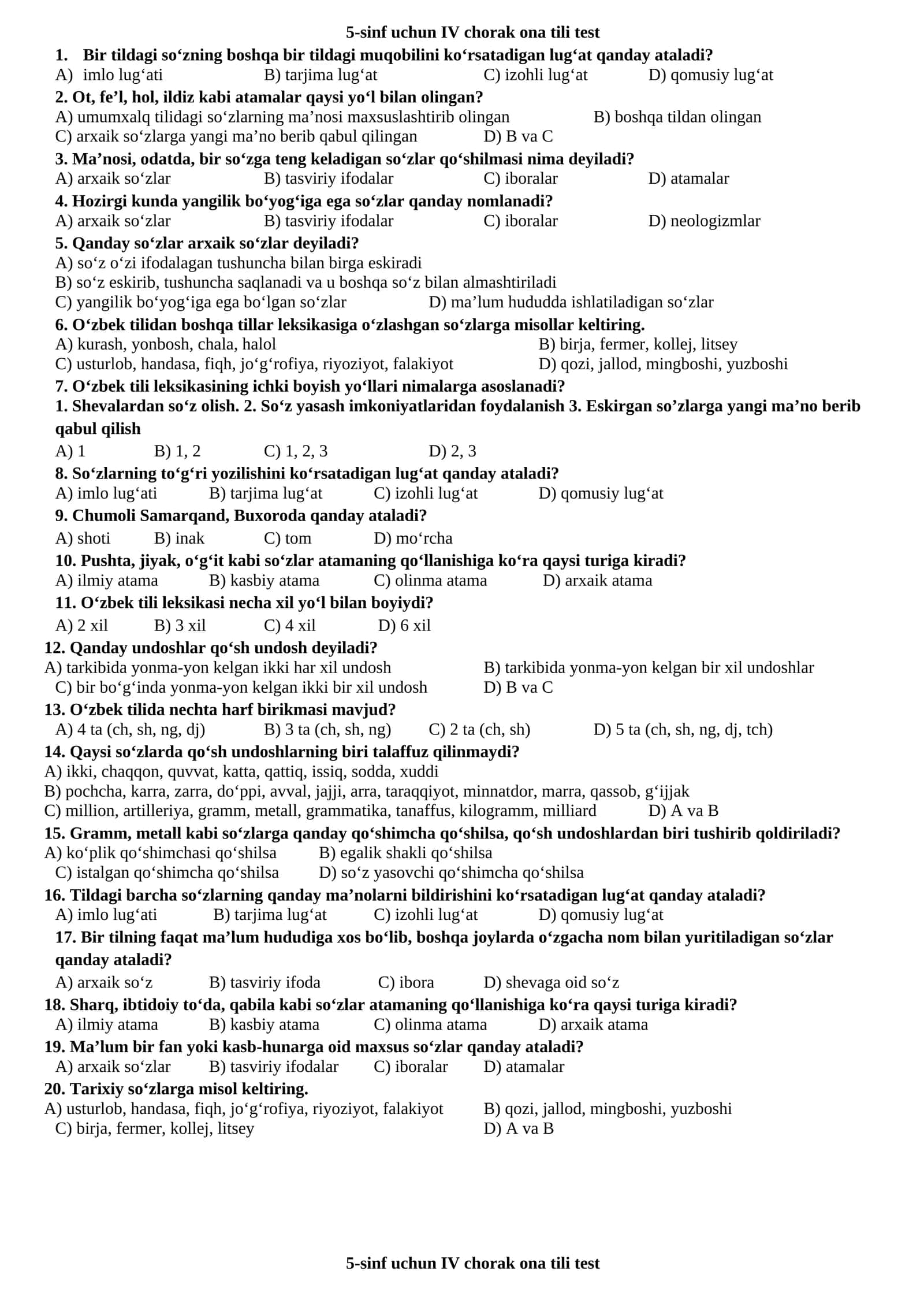 5-sinf uchun IV chorak ona tili test