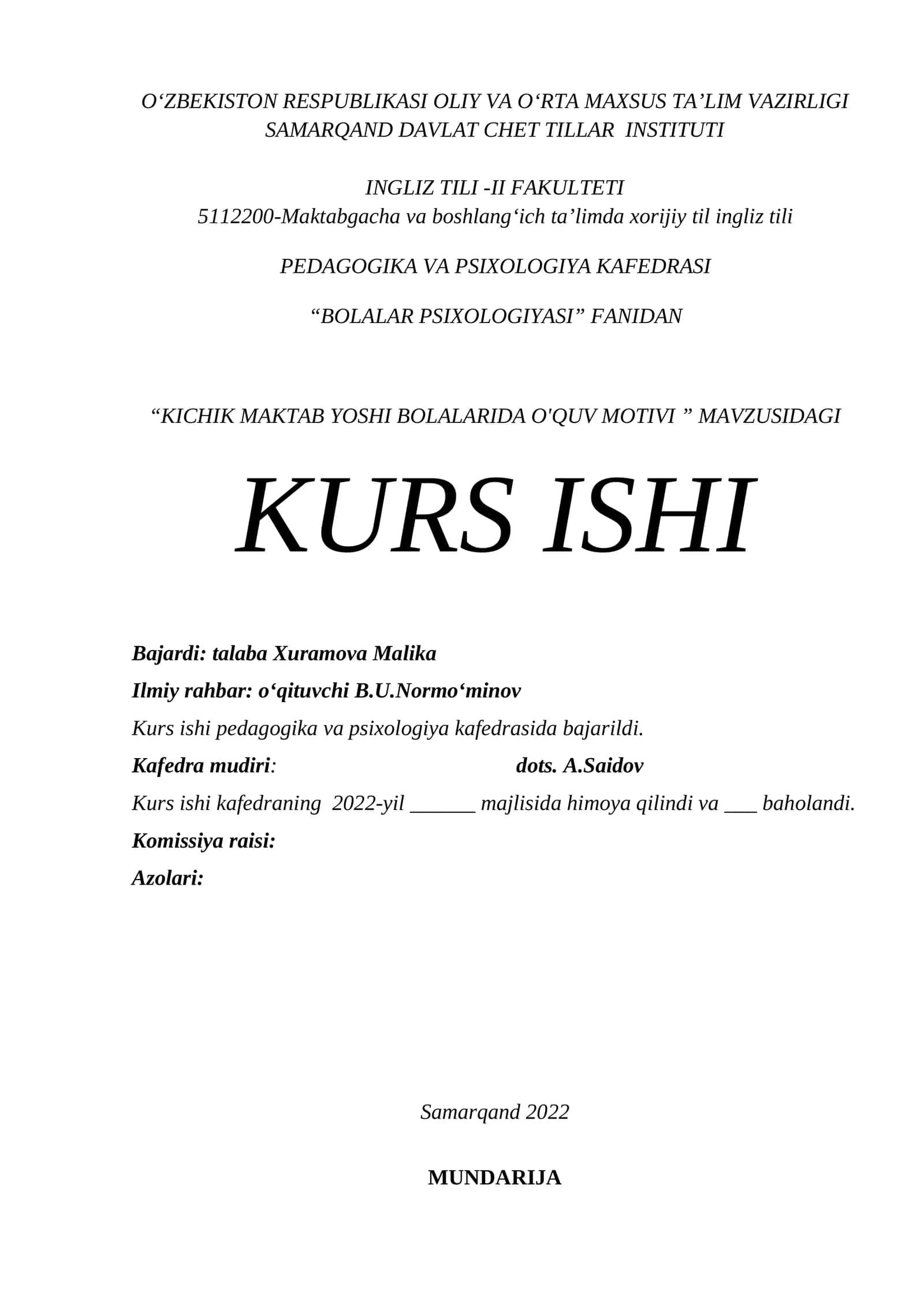 KICHIK MAKTAB YOSHI BOLALARIDA O'QUV MOTIVI