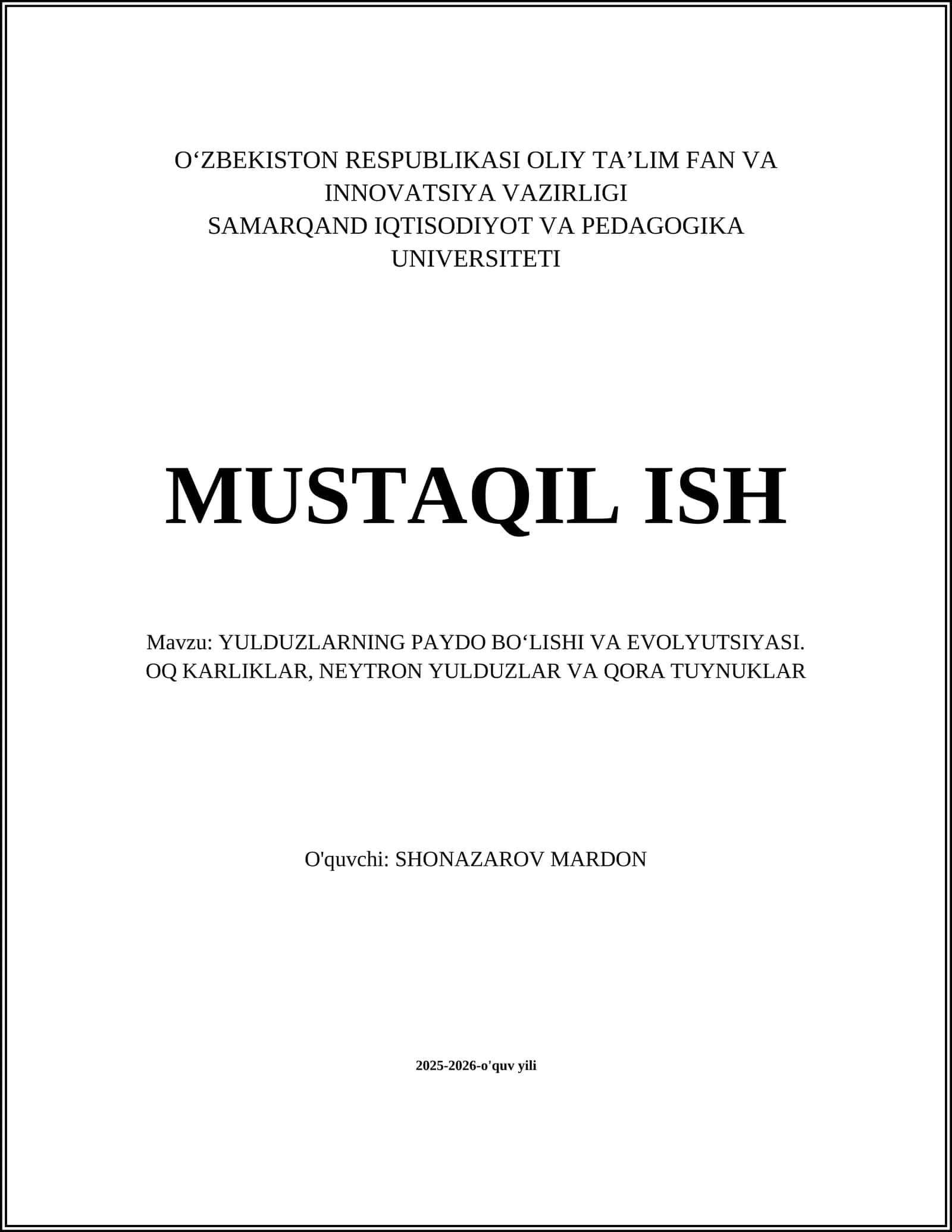 YULDUZLARNING PAYDO BOʻLISHI VA EVOLYUTSIYASI