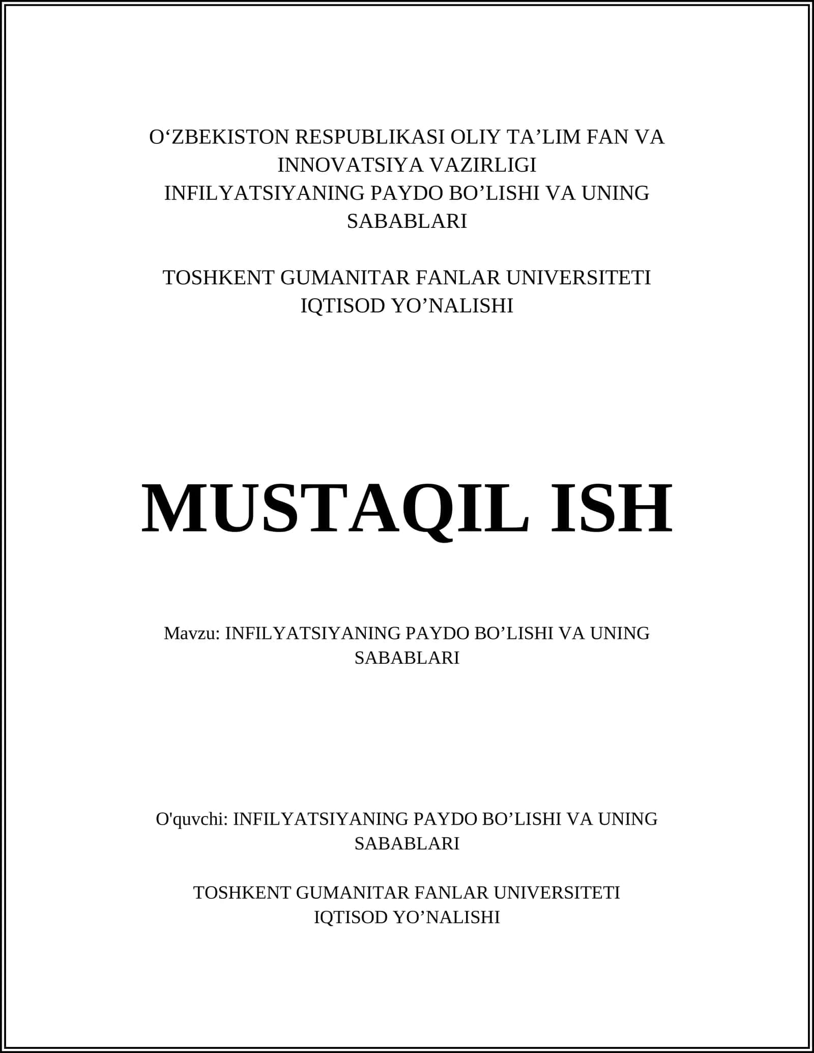 INFILYATSIYANING PAYDO BO’LISHI VA UNING SABABLARI