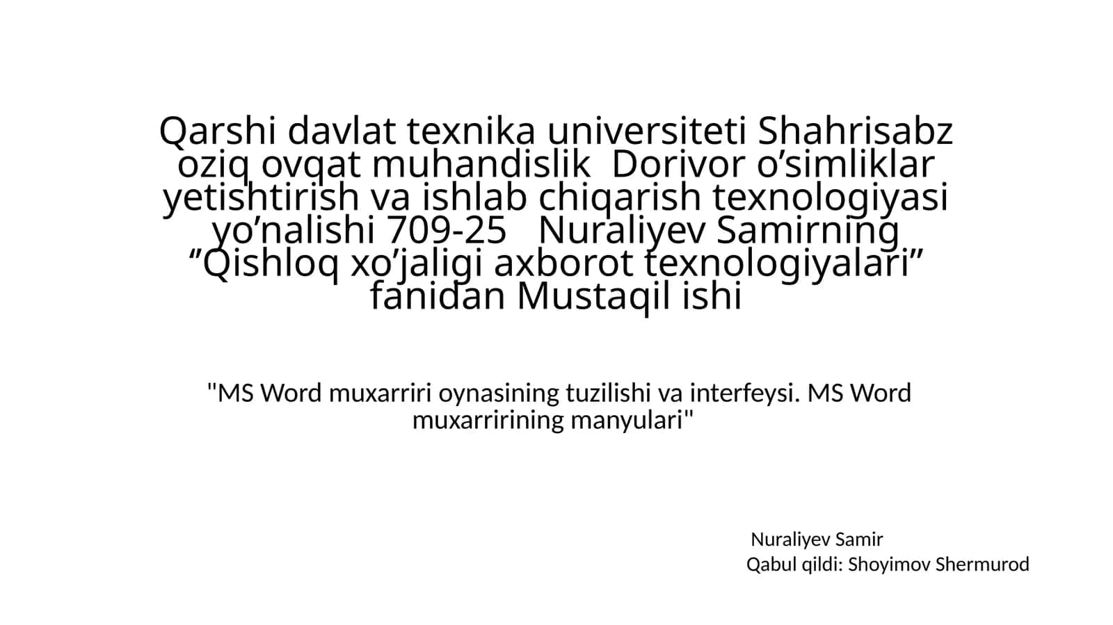 MS Word muxarriri oynasining tuzilishi va interfeysi