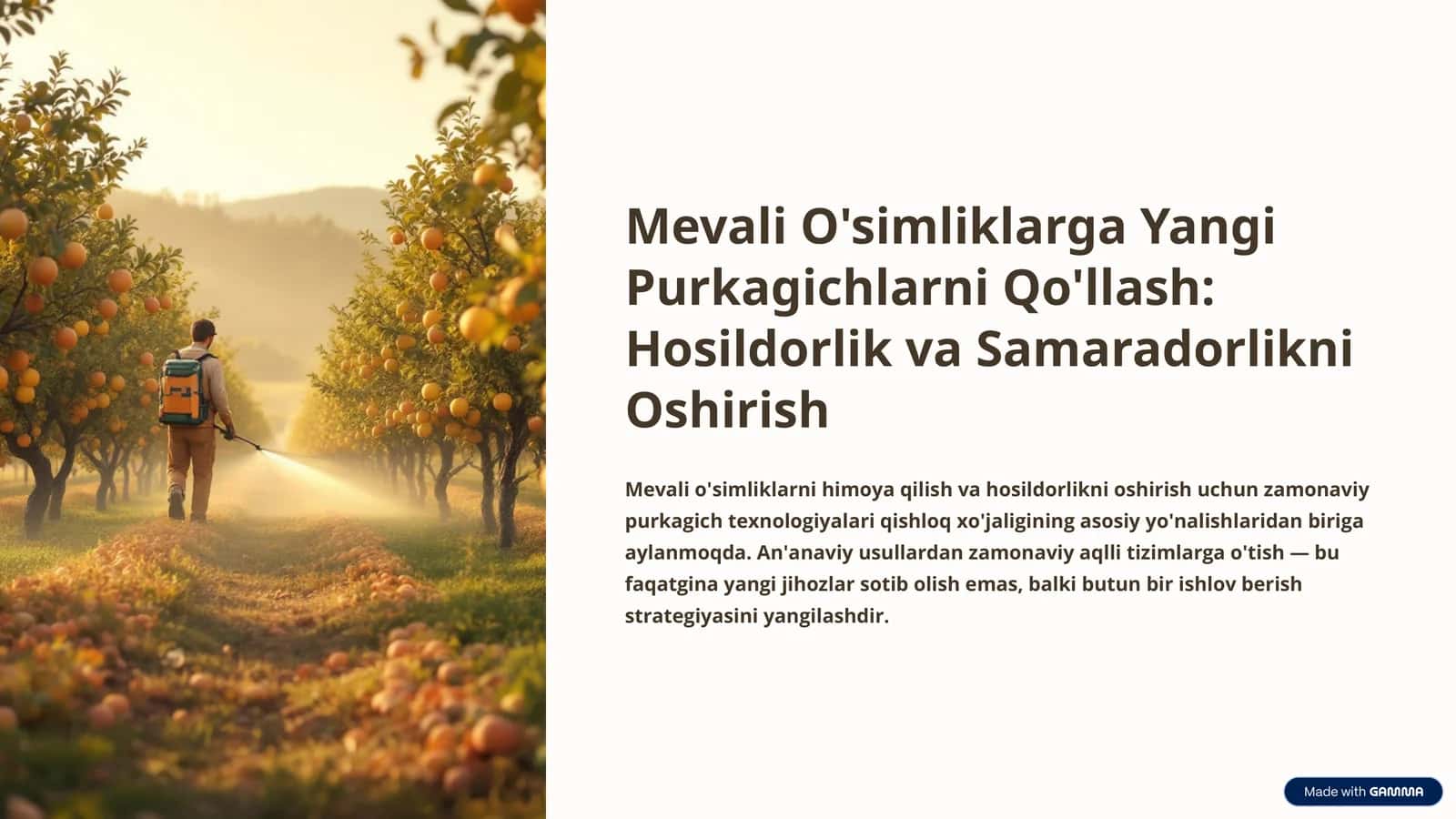 Mevali O'simliklarga Yangi Purkagichlarni Qo'llash: Hosildorlik va Samaradorlikni Oshirish