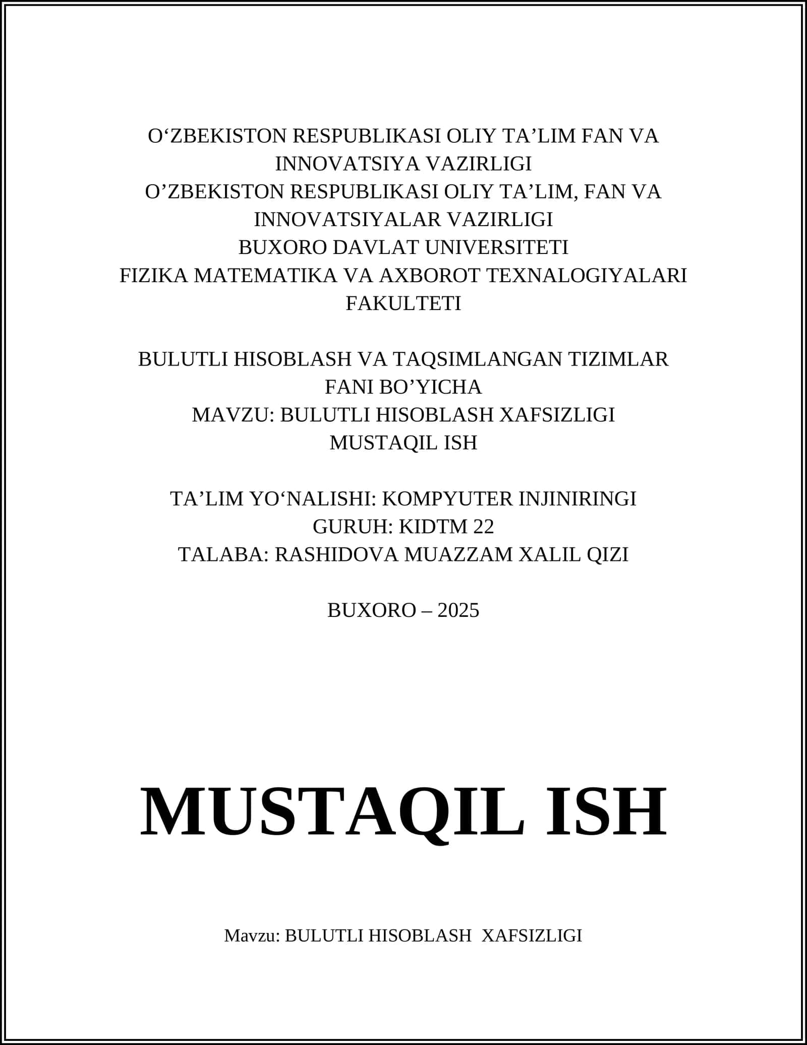 Bulutli hisoblash xavfsizligi asoslari