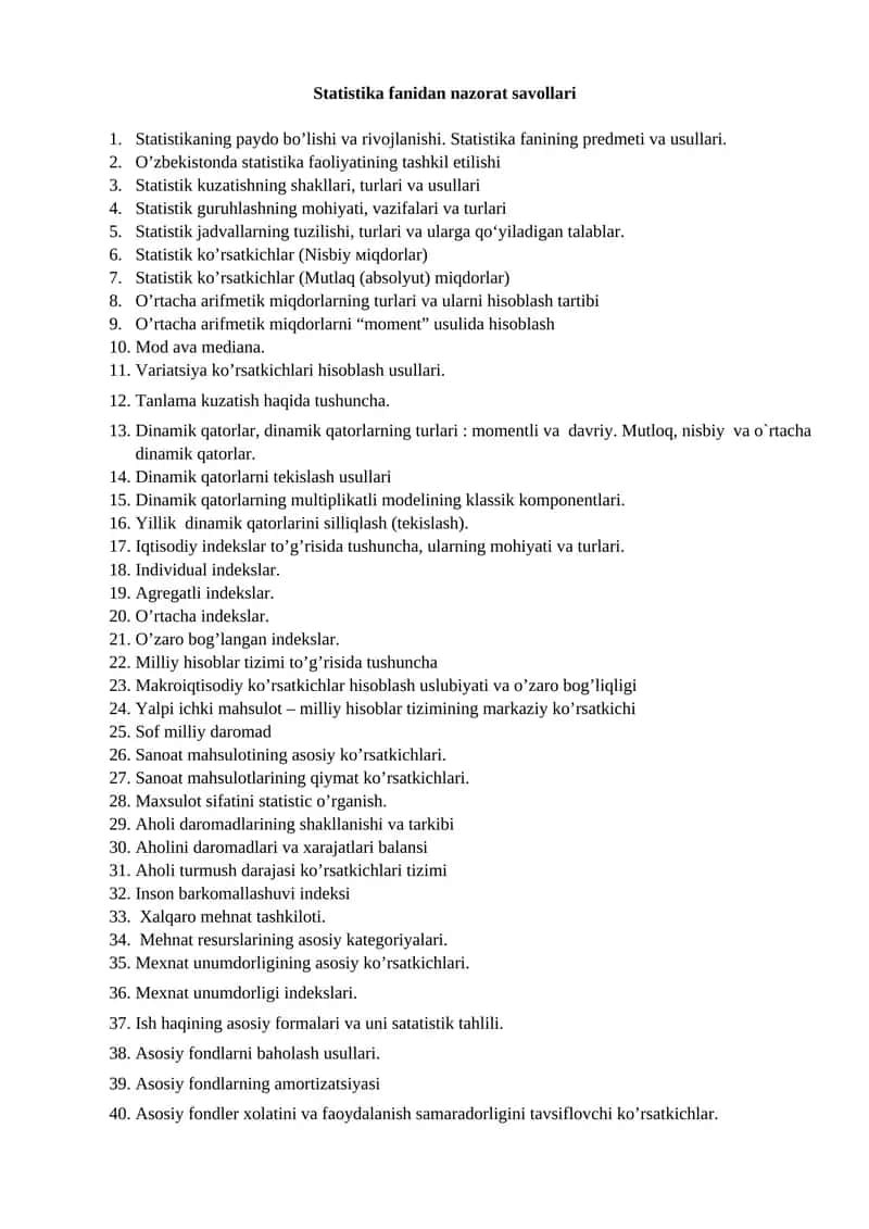 Statistika fanidan nazorat savollari