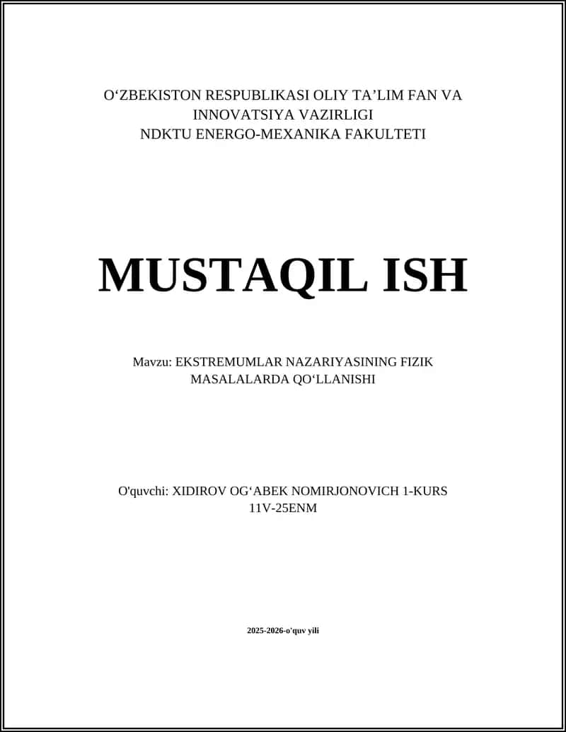 EKSTREMUMLAR NAZARIYASINING FIZIK MASALALARDA QOʻLLANISHI