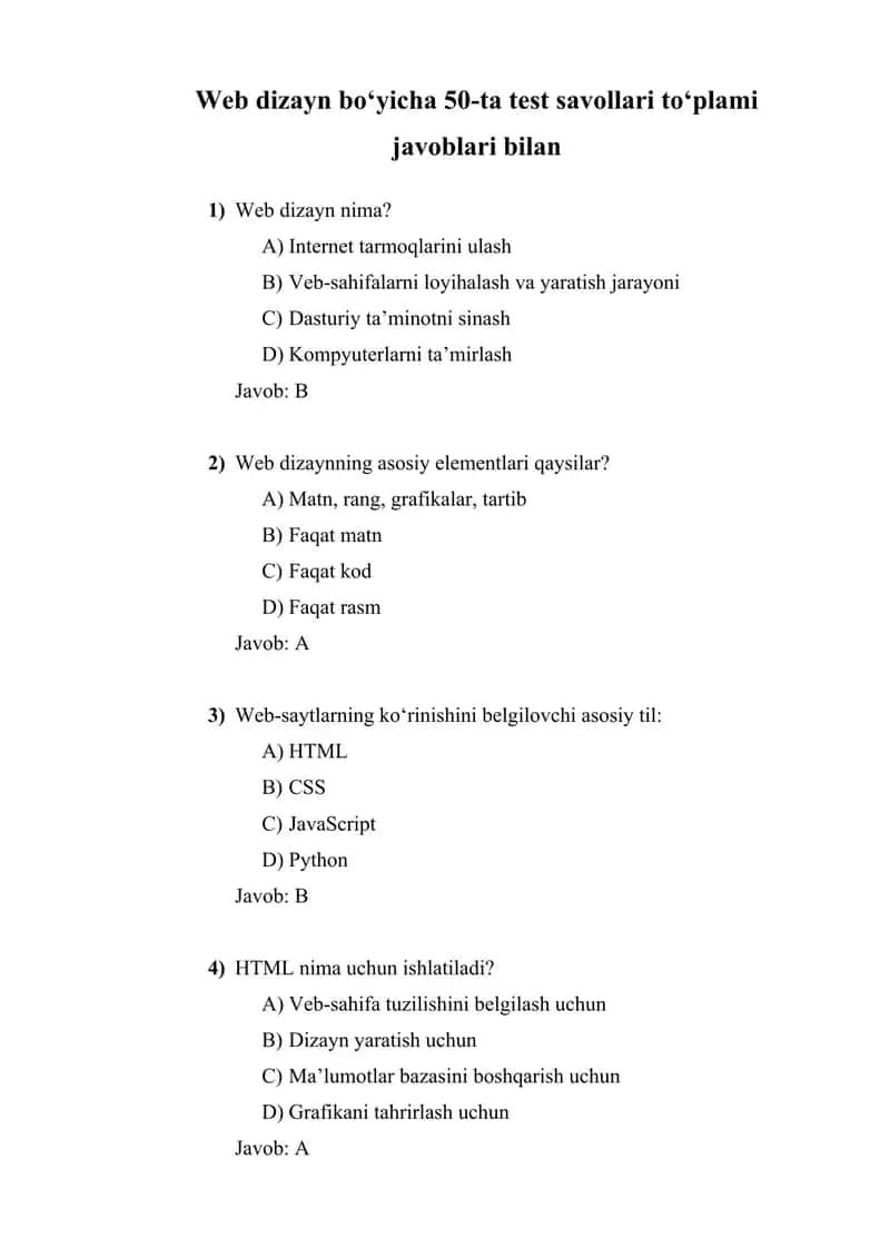 Web dizayn boʻyicha 50-ta test savollari to‘plami javoblari bilan