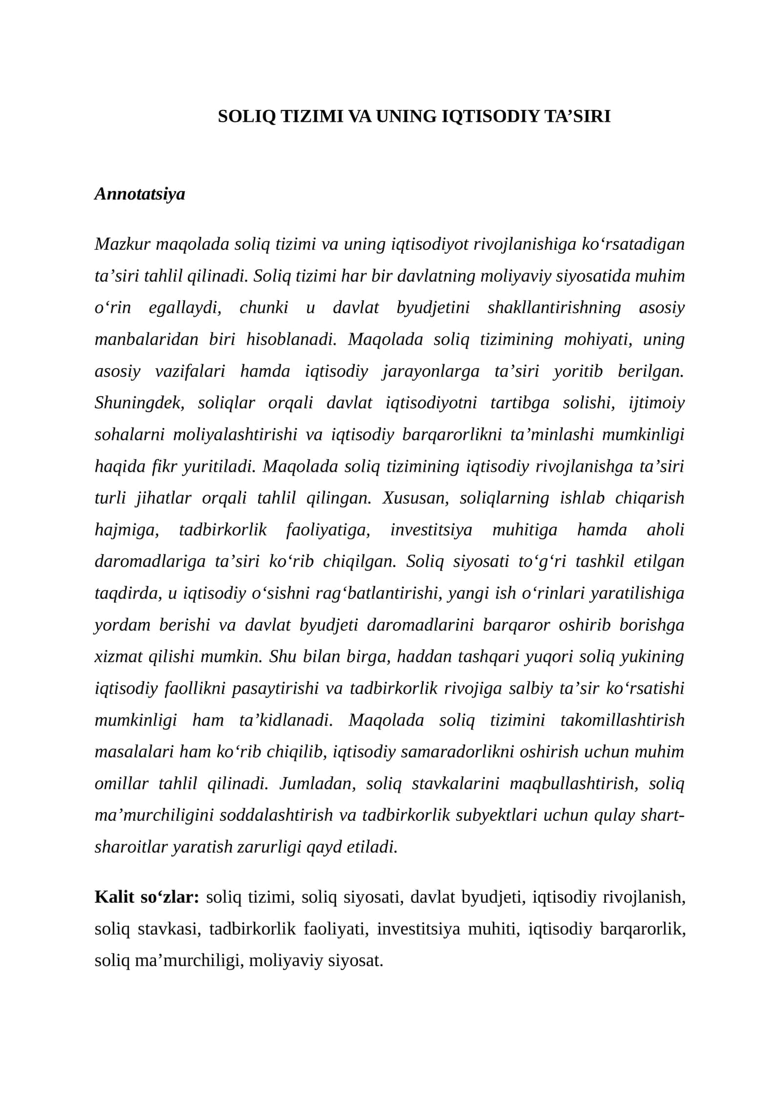 SOLIQ TIZIMI VA UNING IQTISODIY TA’SIRI