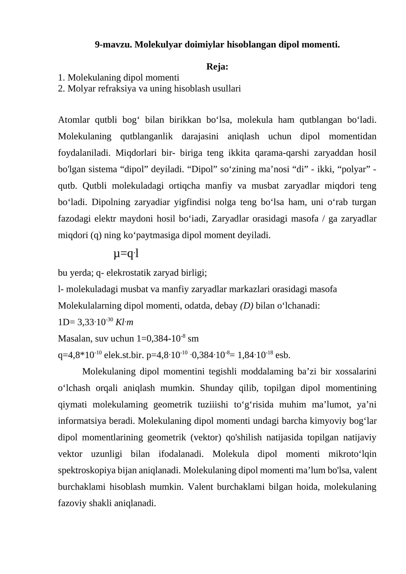 9-mavzu. Molekulyar doimiylar hisoblangan dipol momenti