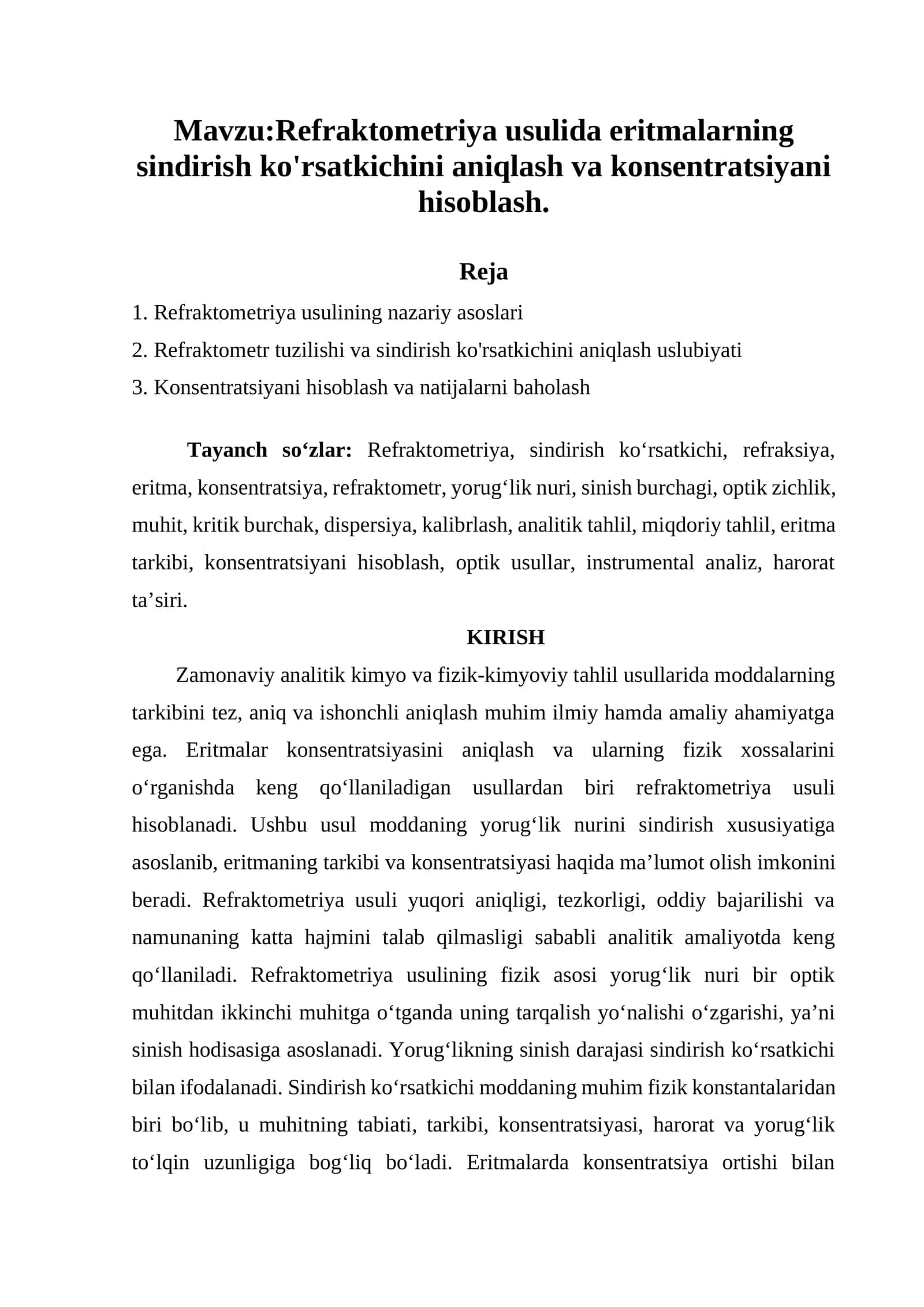 Refraktometriya usulida eritmalarning sindirish ko'rsatkichini aniqlash va konsentratsiyani hisoblash.