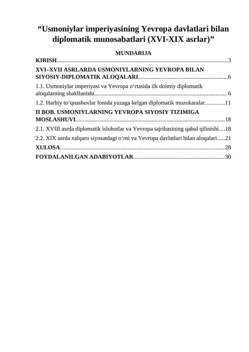 Usmoniylar imperiyasining Yevropa davlatlari bilan diplomatik munosabatlari (XVI-XIX asrlar)