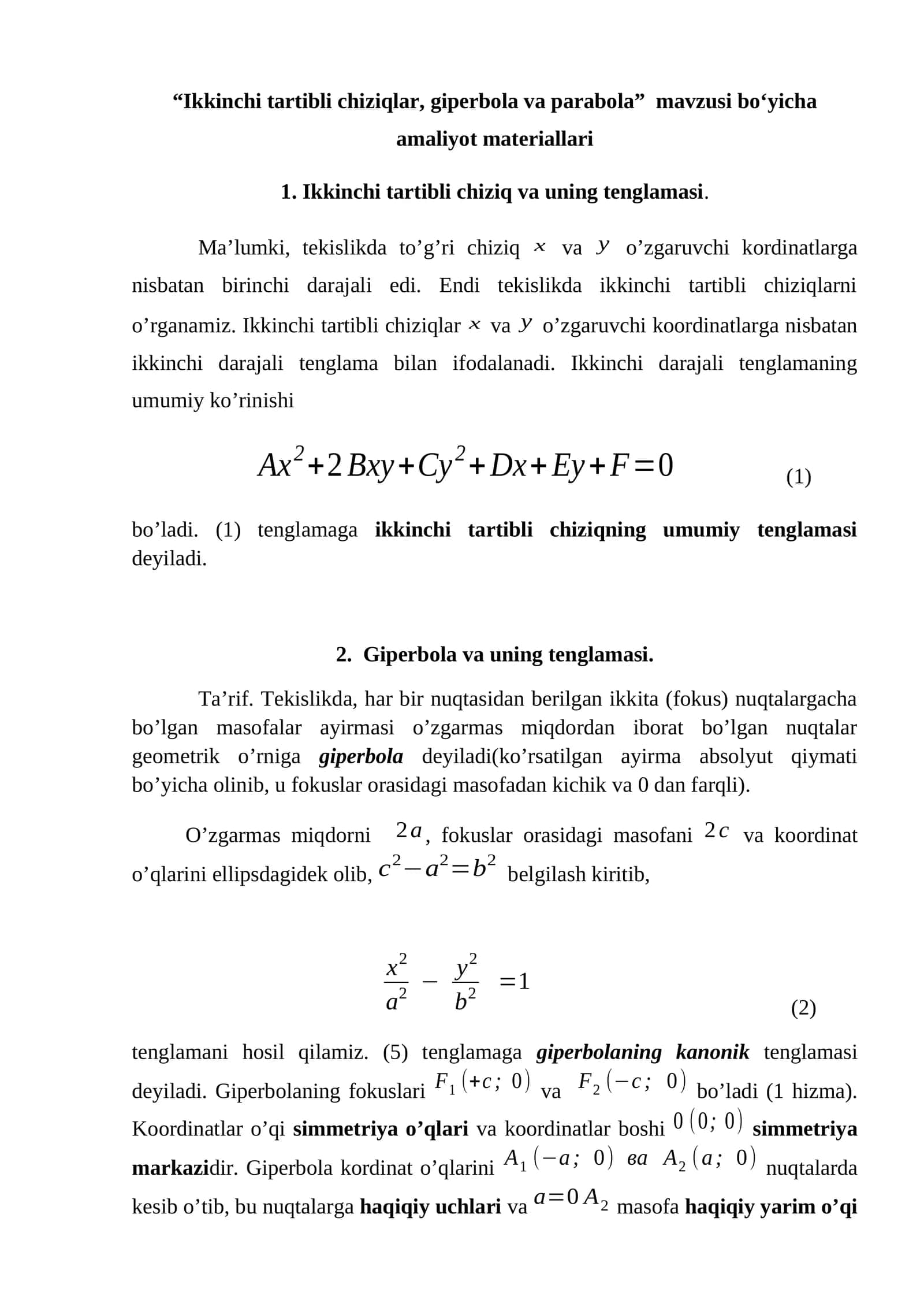 Ikkinchi tartibli chiziqlar, giperbola va parabola amaliyot materiallari