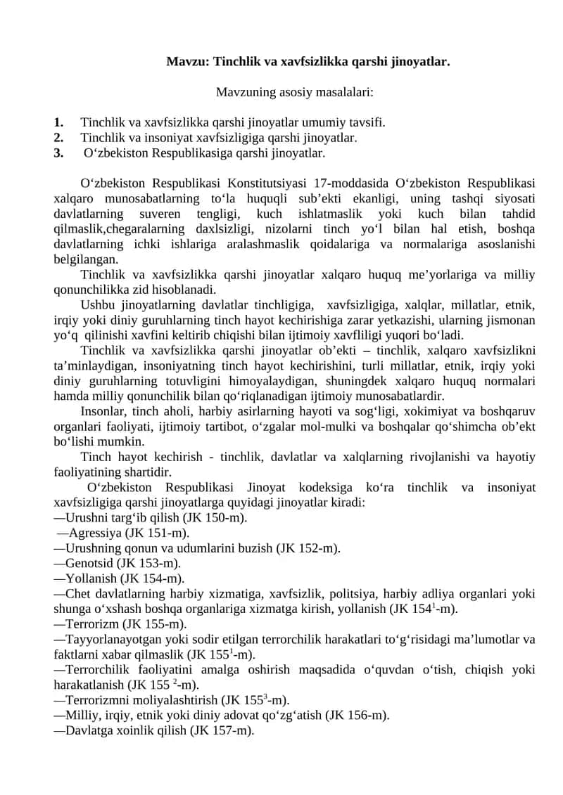 Tinchlik va xavfsizlikka qarshi jinoyatlar