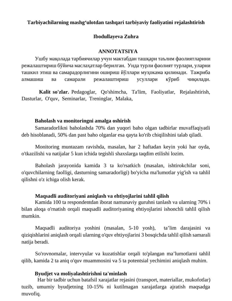 Tarbiyachilarning mashgʻulotdan tashqari tarbiyaviy faoliyatini rejalashtirish