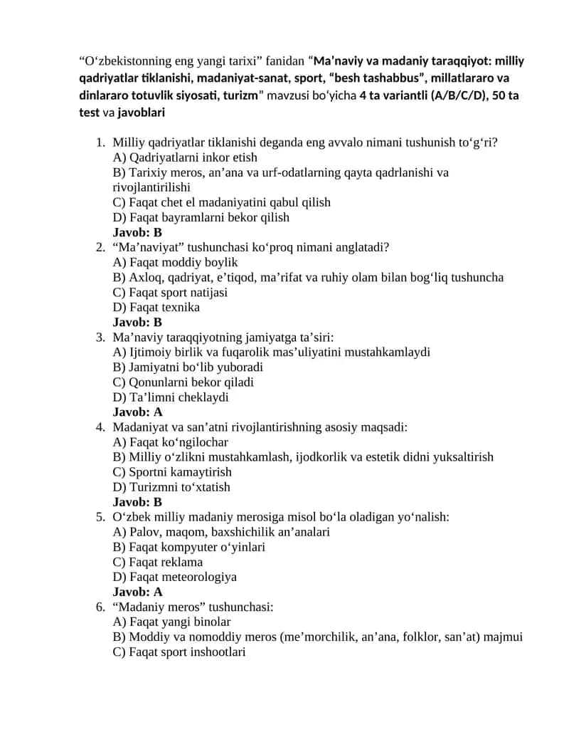 Oʻzbekistonning eng yangi tarixi 7-test