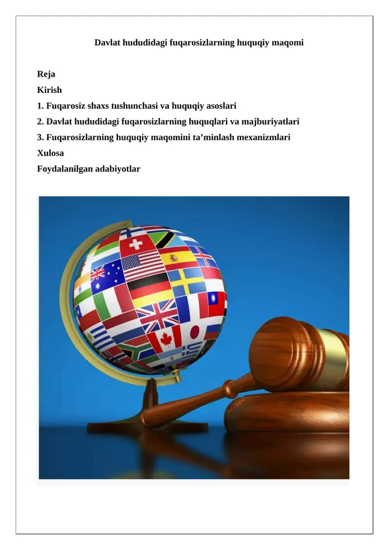Davlat hududidagi fuqarosizlarning huquqiy maqomi