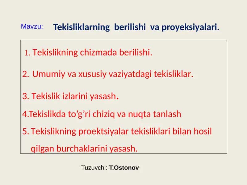 Tekisliklarning berilishi va proyeksiyalari